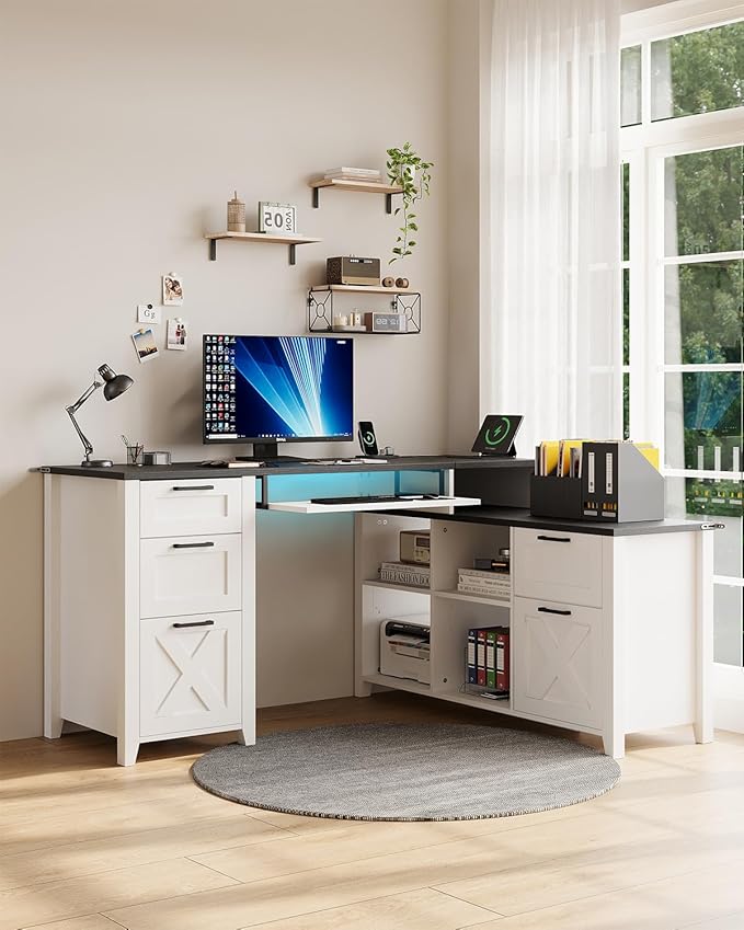 HOPUBUY Farmhouse L Shaped Executive Desk with Drawers, 59''Home Office Corner Desks with Charging Station,File Cabinets,Storage Compartments Wood Computer Desk Writing Table w/Keyboard Tray,White