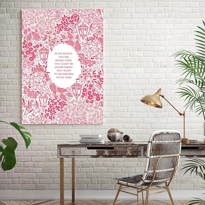 Balsuka Slow Down You're Doing Fine Music Posters Motivational Quote Pink Wall Art Vintage Floral Positive Daily Reminder Song Lyrics Canvas Print Aesthetic Office Home Decor 24x36inch Unframed