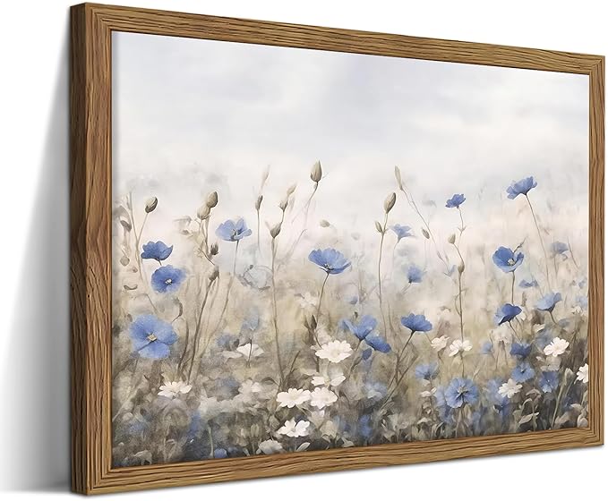 Vintage Floral Wall Art, Blue White Wildflower Botanical Canvas Wall Decor, Nature Landscape Artwork Painting, Rustic Farmhouse Flower Prints Pictures for Bedroom Living Room 12x16 Inch Framed