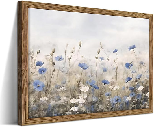 Vintage Floral Wall Art, Blue White Wildflower Botanical Canvas Wall Decor, Nature Landscape Artwork Painting, Rustic Farmhouse Flower Prints Pictures for Bedroom Living Room 12x16 Inch Framed