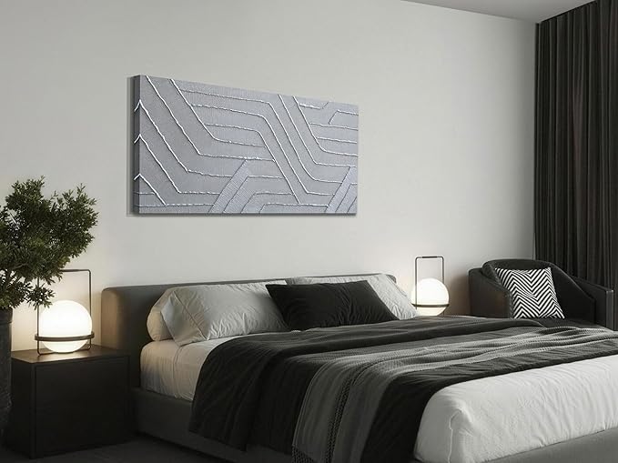 Arjun Modern Abstract Textured Wall Art Geometric Silver Grey Canvas Painting,Hand Painted Large Artwork Framed Picture for Living Room Bedroom Home Office Wall Decor 40"x20"