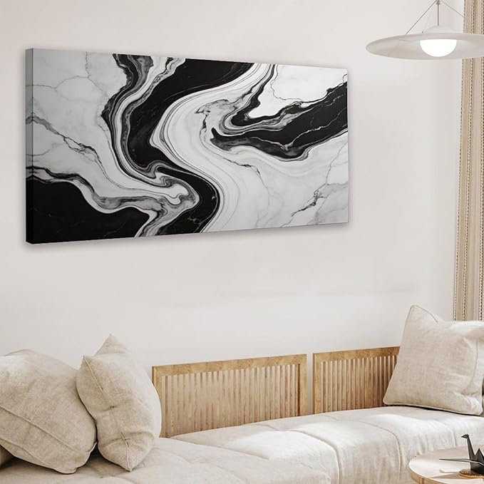 Black White Abstract Marble Framed Canvas Wall Art for Living Room, Modern Wall Decor 40" L x 20" W