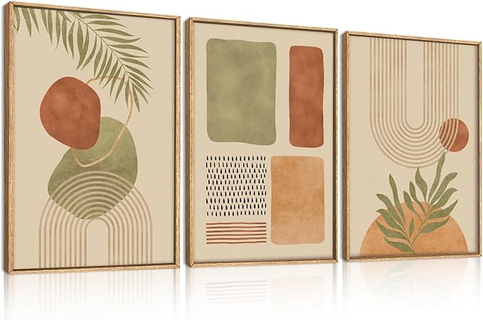 Large Boho Sage Green Framed Canvas Wall Art,Abstract Geometric Beige Wall Decor,Mid Century Modern Art Prints,Neutral Botanical Leaf Artwork for Living Room,Bedroom,Office -24"x36"x3