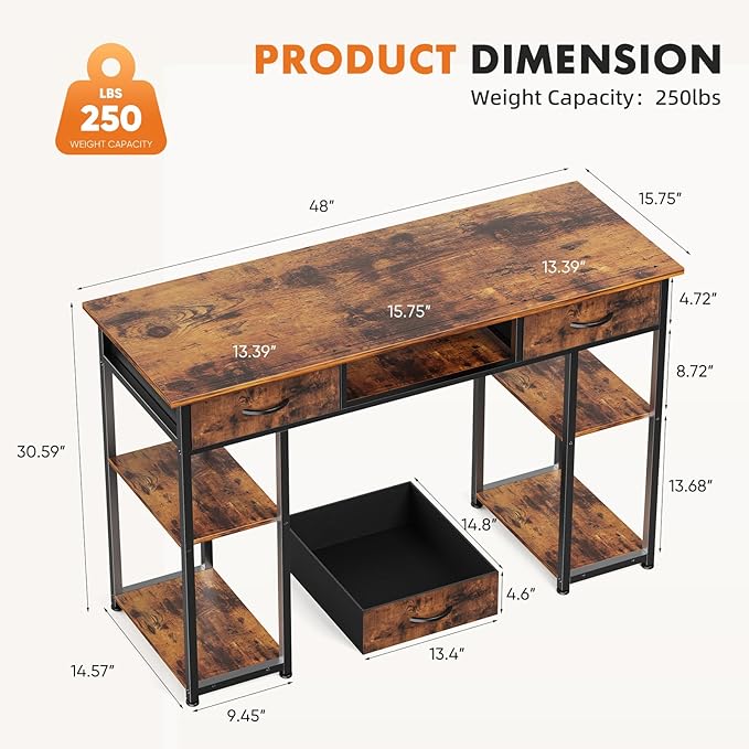 Sweetcrispy Computer Gaming Desk with Drawers & Storage Shelves - 48 Inch Bedroom Writing Study Home Office PC Table, Adjustable Feet, Rustic Brown