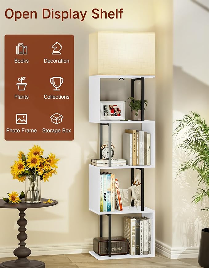 5-Tier Floor Lamp with Shelves & Remote, Dimmable S-Shaped Bookshelf with 3 Color Temperature, 1-Hour Timer, Tall Corner Standing Lamp for Living Room, Bedroom, Office(Black White)