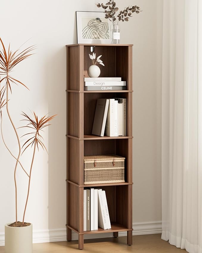 Bookshelf, Modern 4-Tier Bookcase, Open Storage Book Shelf, 11 × 14.2 × 50.4 Inches, Small Narrow Bookshelves for Living Room, Home Office, Bedroom, Walnut