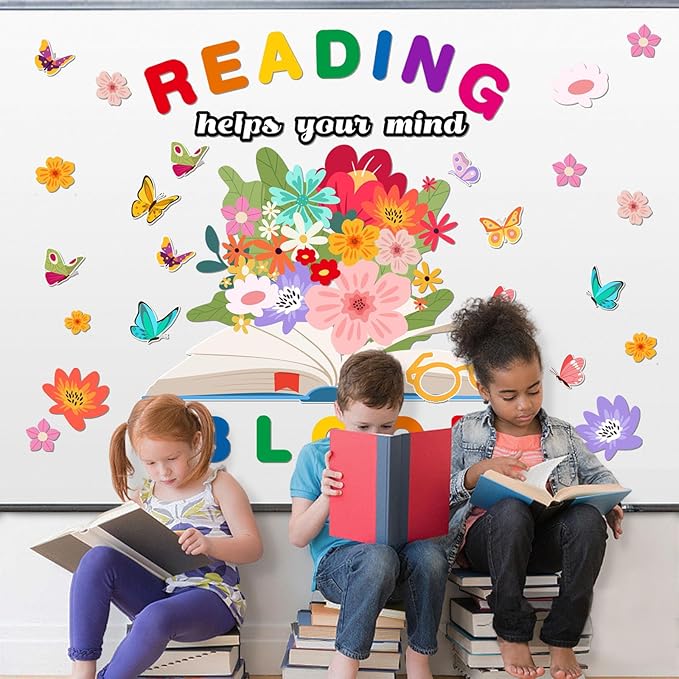 LioNergy Reading Classroom Bulletin Board Set Reading Helps Your Mind Bloom Bulletin Board Decoration Flower Butterfly Cutouts Wall Door Décor for Kindergarten Preschool Elementary Middle School