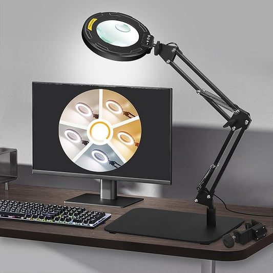 Magnifying Glass with Light and Stand 12X 20X Desktop Magnifier Desk Lamp Close Work Up for Table Crafting, Reading, Sewing, Soldering, Easy Use 5 Color Modes Head Controller, 2 in 1 Stable Base Clamp