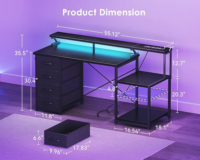 ODK 55 Inch Computer Gaming Desk with Power Outlets & 4 Drawers, Home Office Desk with Monitor Stand & Printer Shelves, Black