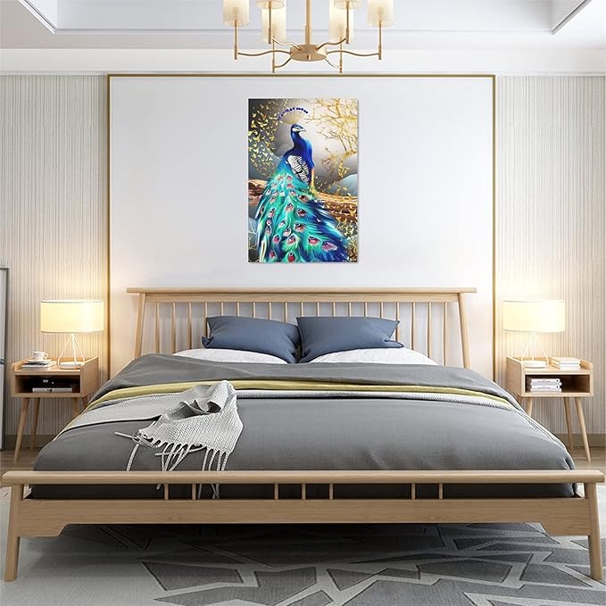 yerretin Peacock Wall Art Peacock Golden Tree Pictures Wall Decor Bird Canvas Painting Modern Decoration Artwork for Bathroom Living Room Bedroom Office Framed 16"x24"