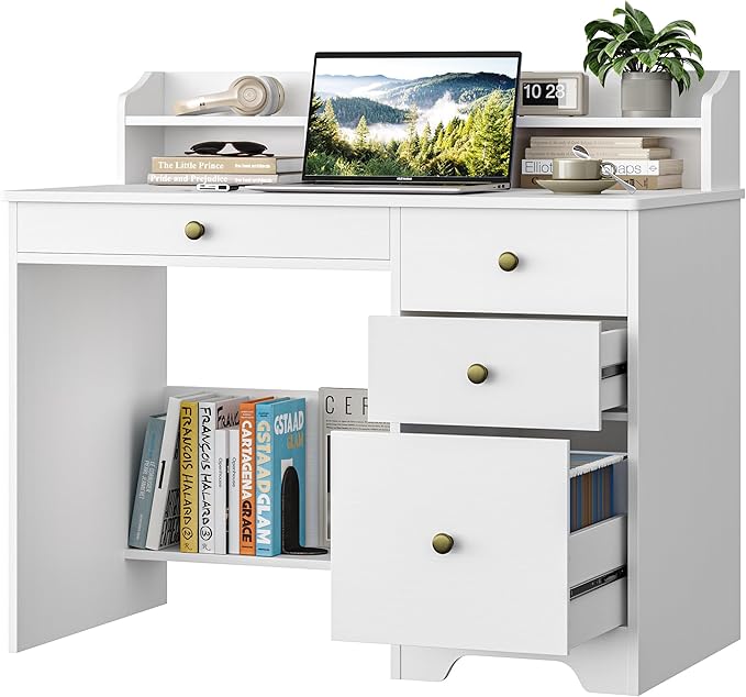 TTVIEW Computer Desk with Drawers and Hutch Shelf, Wood Executive Desk Writing Study Table with 43” Wide Tabletop, Small Desk with File Drawer for Home Office Bedroom, White