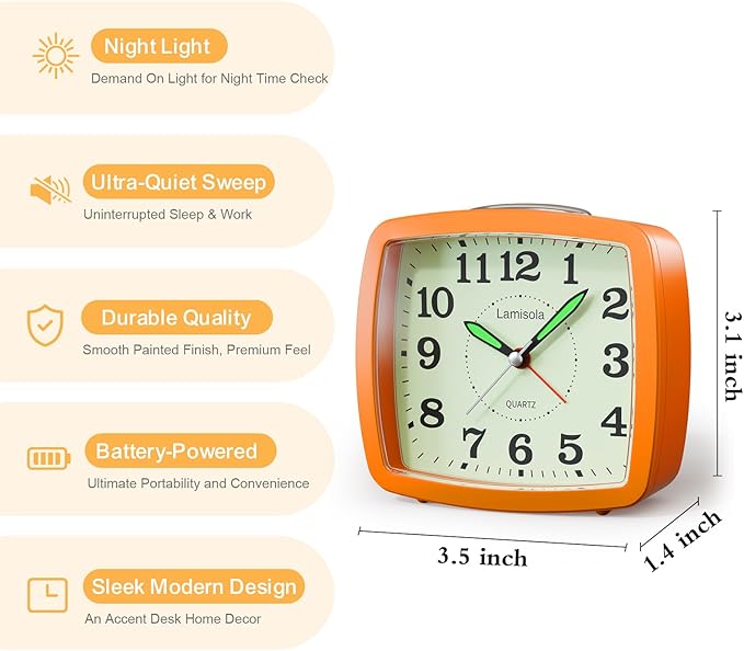 Battery Analog Travel Alarm Clock, Small Clock for Bedroom, Desk Table Shelf Clocks for Room Office Bathroom Vanity, Aesthetic Retro Clocks for Kids Girls, Orange