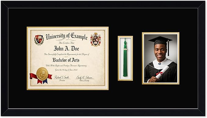 CountryArtHouse Diploma Tassel and Photo Shadowbox Fits 11 x 8.5 US Letter Certificate with Tassel Hook a Matte Black Genuine Hardwood with Black Over Metallic Gold Double mat