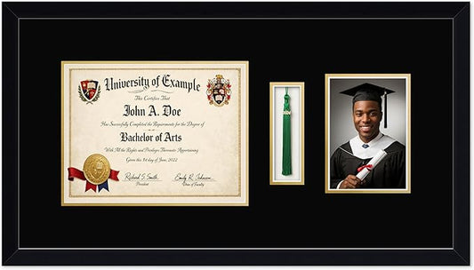 CountryArtHouse Diploma Tassel and Photo Shadowbox Fits 11 x 8.5 US Letter Certificate with Tassel Hook a Matte Black Genuine Hardwood with Black Over Metallic Gold Double mat