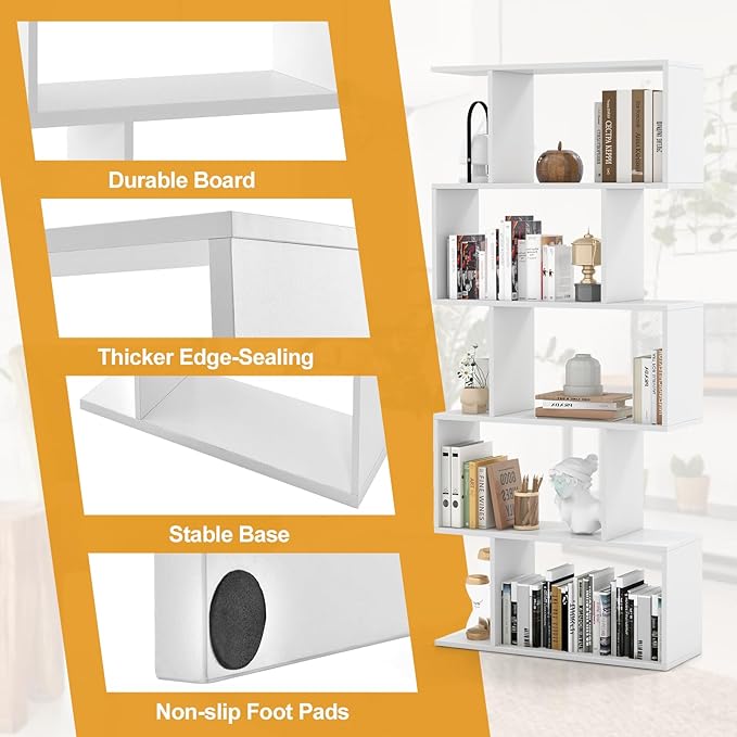 Tangkula 5-Tier Geometric Bookshelf, S Shaped Bookcase w/Anti-Toppling Device, Freestanding Room Divider, Industrial Home Office Decor Wood Open Storage Display Shelf for Living Room (2, White)