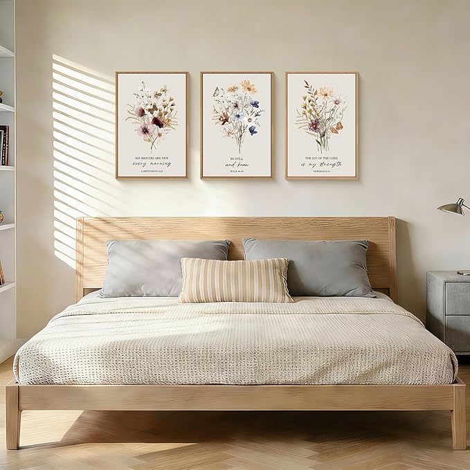 Ausril Boho Christian Floral Scripture Wall Art Set of 3, Bible Verse Flower Painting, Religious wildflower Artwork for Living Room, Bedroom, Fireplace, Modern Botanical for Home Decor- 24"X36"
