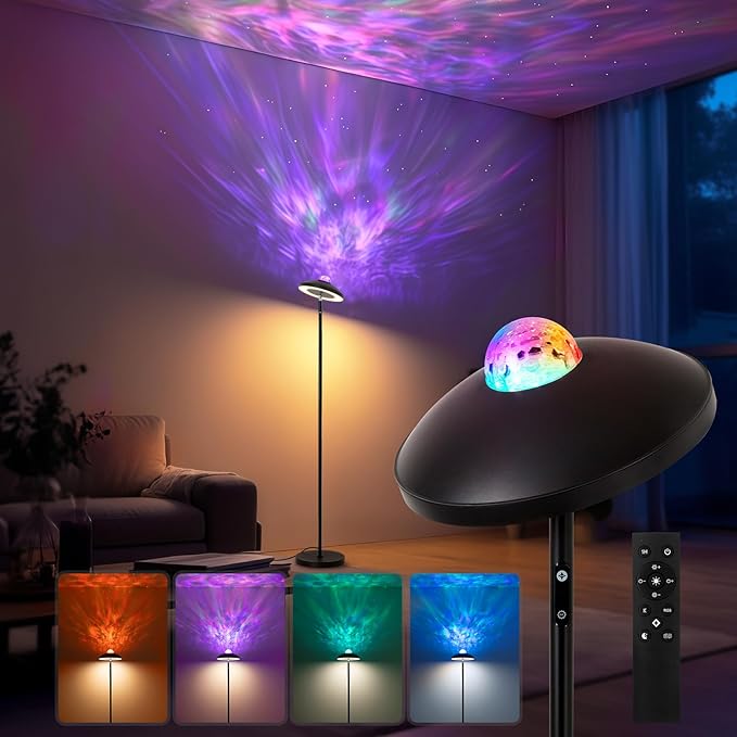 LED Floor Lamp with RGB Star Projector & Remote, Stepless 3000-6000K Color Changing Standing Lamp, Dimmable Black Corner Lamp, 15W Modern 69" Tall Light for Bedroom, Kids Room, Living Room