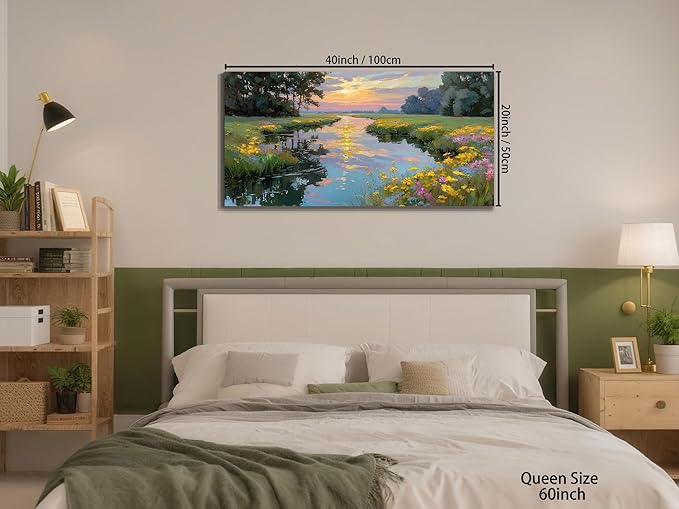 Arjun Landscape Canvas Wall Art Sunset Vibrant Wildflower Flower Field Nature Scene Scenery River Painting, Textured Framed Picture Large Artwork for Living Room Bedroom Wall Decor 40"x20"