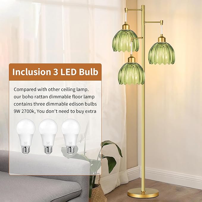 Glass Floor Lamp for Living Room,Bedroom,Gold Mid Century Modern Standing Lamp Brass Tree 3 Light Tall Floor Lamps Vintage Floor Lights Green Tulip Flower Lamp Shade Farmhouse Boho Bohemian