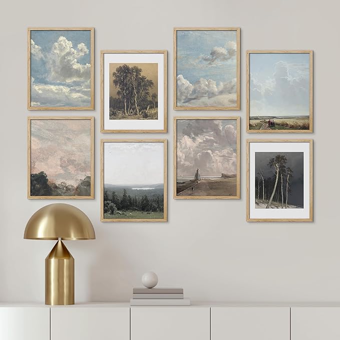 SIGNWIN Framed Poster Wall Art Set of Vintage Landscape Wall Antique Tree Cloud Art Rustic Framhouse Decor for Living Room, Bedroom, Office - 11"x14"x 8 Natural