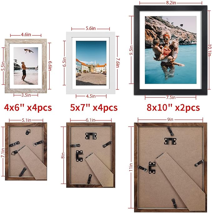 Giftgarden Multi Colors Picture Frames with Mat for Multiple Sizes Photos, Four 4x6, Four 5x7, Two 8x10, Assorted Gallery Frame Collage for Wall or Tabletop, Set of 10