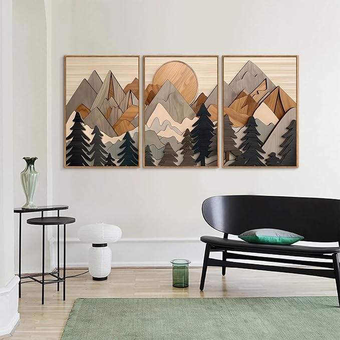 Set of 3 Mountain Wall Art Large Forest Wall Decor Woodcut Wooden Landscape canvas posters Nature Wilderness Art Prints Abstract Landscape Painting for Living Room Bedroom Office Unframed 12x16in