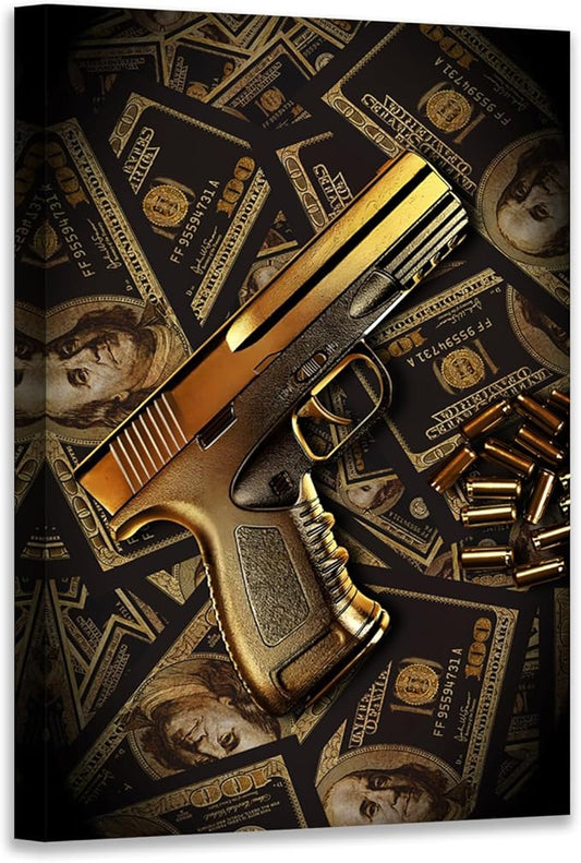 100 Bill Dollar Money Canvas Wall Art Inspirational Poster Golden Gun Picture Print Motivational Money Wall Decor for Office Home 28x44in