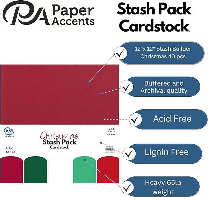 PA Paper Accents Stash Pack Cardstock Pack 12" x 12" Christmas colored cardstock paper for card making, scrapbooking, printing, quilling and crafts, 65lb., 40 pieces