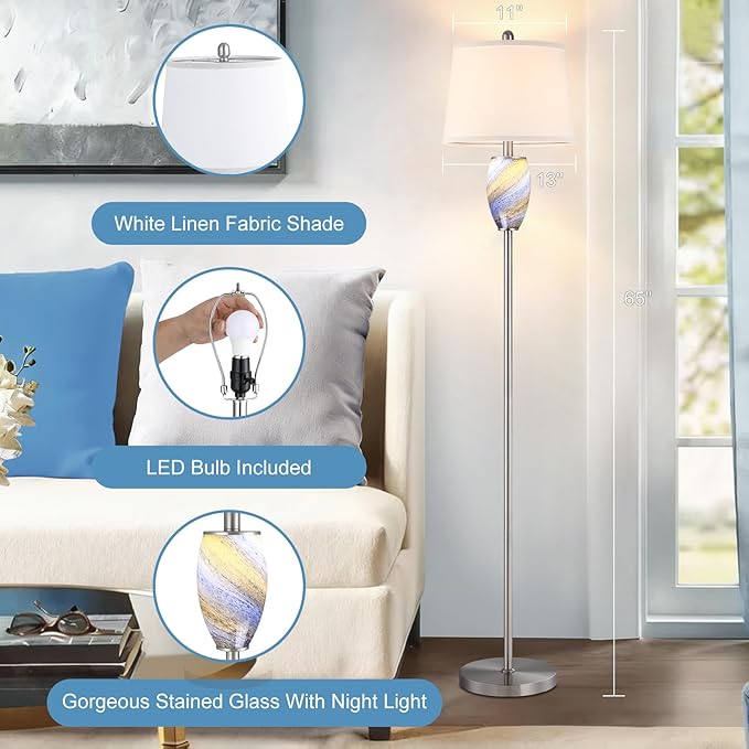 Modern Floor Lamp with Nightlight for Living Room, Bedroom, Stained Glass Blue Lamp for Living Room Decor, Mid Century 65" Tall Standing Corner Lamp(Bulb Included)