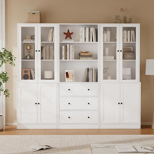 TUSY 71" H Bookshelf with Storage, 6-Tier Modern Bookshelves with 3 Large Drawer, Display Bookcase with Glass Doors, Modern 5-Tier Curio Cabinet for Home Office, Dining Room (White, ABA)