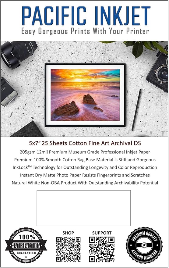 5x7 25 Sheets 12mil 205gsm 100% Cotton Fine Art Natural Matte Double Sided Inkjet Paper - Professional Archival Grade Paper for Inkjet Photo Printers - OBA Free Printer Paper for Photography and Art