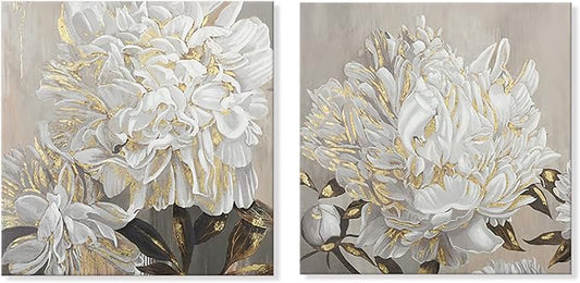 Goldfoilart Flower Wall Art Floral Decor Modern White Blooming Pictures with Gold Foil Paintings Framed Artwork for Living Room Bedroom Kitchen Decorations 24" x 24" x 2 Pcs