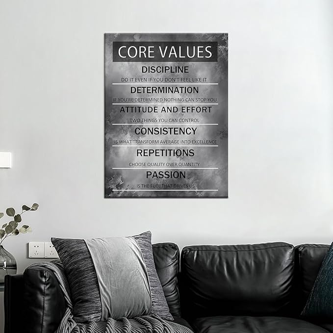 Inspirational Wall Art Core Values Motivational Poster Print Black and White Positive Painting Artwork Framed for Home Living Room Office Wall Decor Ready to Hang [18''Wx24''H]