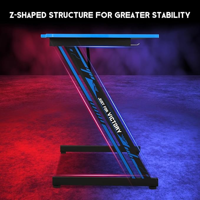 39 in Gaming Desk With Hook - Z-Shaped Computer Table for Home Office, Small Places - Carbon Fiber Surface, Simple Installation, Blue