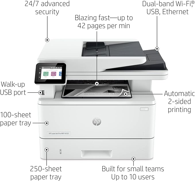HP Laserjet Pro MFP 4101fdw Wireless Black & White All-in-One Laser Printer, Scanner, Copier, Fax, Best-for-Office (2Z619F)