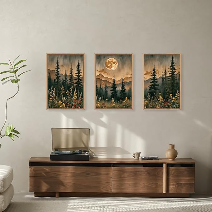 HOURIA Vintage Boho Nature Moonlight Forest Mountain Framed Canvas Wall Art Set,Wilderness Dark Moon Woodland Floral Decor,Retro Wildflower Field Landscape Artwork for Living Room,Farmhouse-16 x24 x3