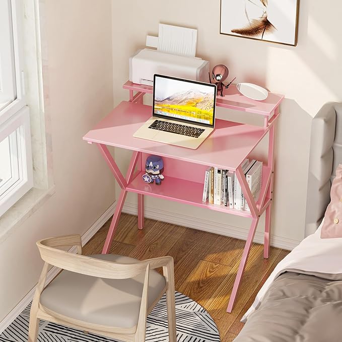 ODK Small Desk, 27.5 Inch Computer Desk for Small Spaces, Kids Desk with Storage, Study Table with Monitor Stand for Homeschool, Pink