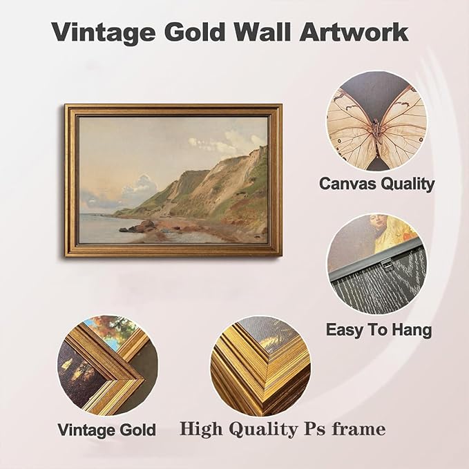 Gold Framed Wall Art Vintage Canvas Wall Art Coastal Landscape Natural Aesthetic Artwork Prints Picture for Living Room Bedroom Farmhouse Bathroom Office Decor, 16x24