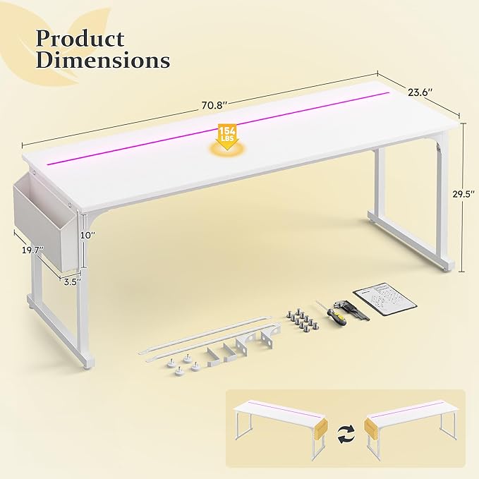 71 Inch Computer Desk with LED Lights, Office Desk for Home Office, Study Desk Writing Table with Storage Bag, Headphone Hook, White