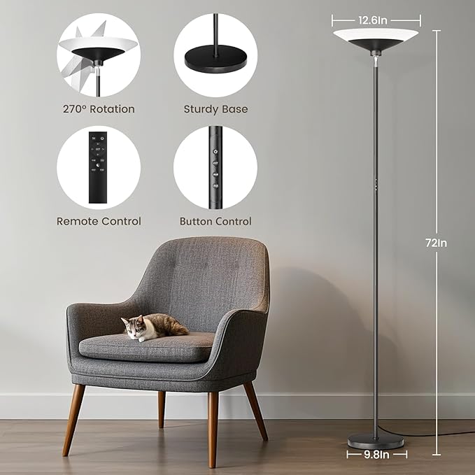 RGB Torchiere Floor Lamp - 30W Dimmable LED Standing Lamp with Remote, Multi Color Changing, 72in Tall Corner Light, Bright Standing Pole Light for Office Living Room Bedroom Basement, Black