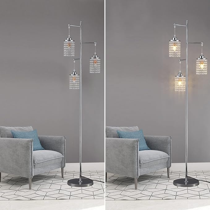 beaysyty Art Decor Crystal Floor Lamp 3-Light Contemporary Crystal Lampshade for Living Room,Bedroom,Office,Bulb Included,Chrome Finish
