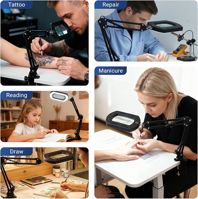 LIWEGHT 15x Square Magnifying Glass with Light and Stand, 5 Color Stepless Dimmable 2-in-1 Magnifier Desk Lamp & Clamp, Hands-Free Magnifying Glass for Reading Craft Work (Timer Function)