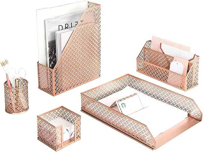 BLU MONACO | Rose Gold Desk Organizer Set | 6 Piece Metal Office Desk Organizer with Mail Sorter, Pen Cup, Sticky Note Holder, Magazine File, Card Holder, Paper Tray | Desk Organizers and Accessories