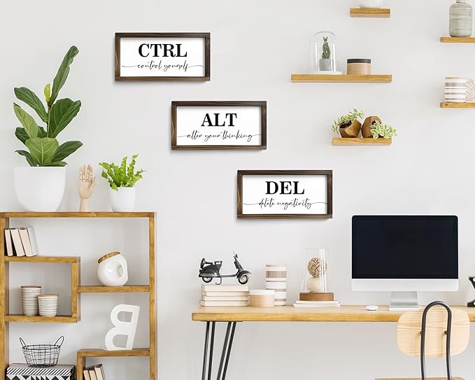 Pinetree Art Rustic Wooden Office Decor - CTRL ALT DEL Framed Motivational Wall Art - Inspirational Positive Quotes Wall Hanging, Set of 3 (6"x12"x3)