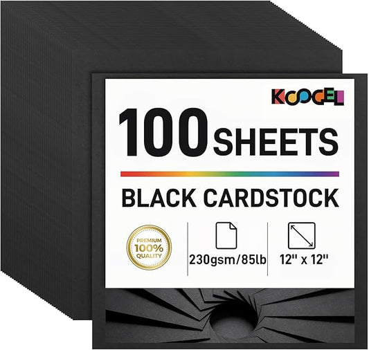 Koogel 100 Sheets Black Cardstock 12 x 12, Heavy Card Stock for Printer, Invitations, Scrapbooking, DIY Crafts and Decoration, Kids Back to School Supplies, 85lb/230gsm