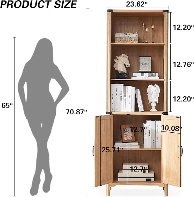 71" Tall Bookshelf, 5 Tier Bookcase with Adjustable Shelves and Barn Doors,Natural Wood Farmhouse Bookshelf with Storage Cabinet,Wood Freestanding Display Bookshelves for Bedroom,Living Room