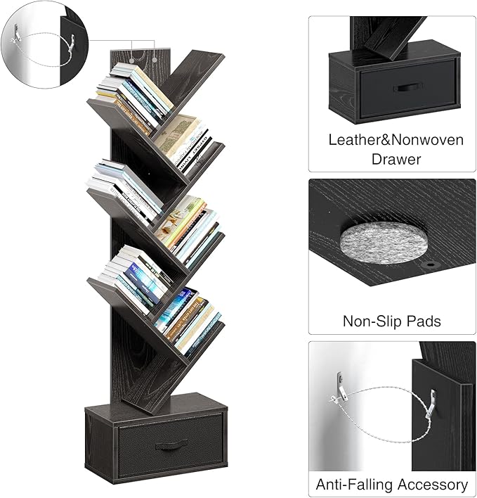 Rolanstar 7 Tier Bookshelf with Drawer, Tree Bookshelf, Small Bookshelves with Storage Rack for CDs/Movies/Books, Standing Book Shelf, Tall Narrow Bookcase for Living Room, Bedroom, Black