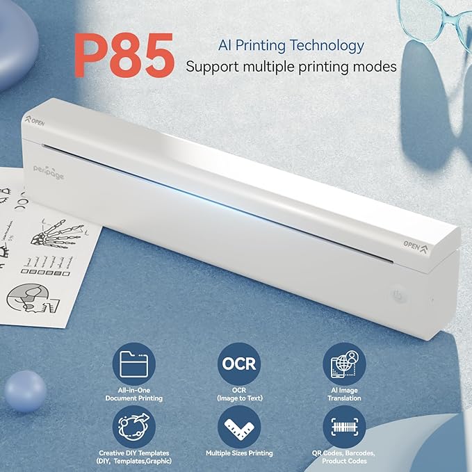 PeriPage P85 Portable A4 Thermal Printer, Wireless Bluetooth Inkless Printer, Compact Mobile Printer for Travel Office Home, Compatible with iOS Android Laptop, 203DPI Clear Printing
