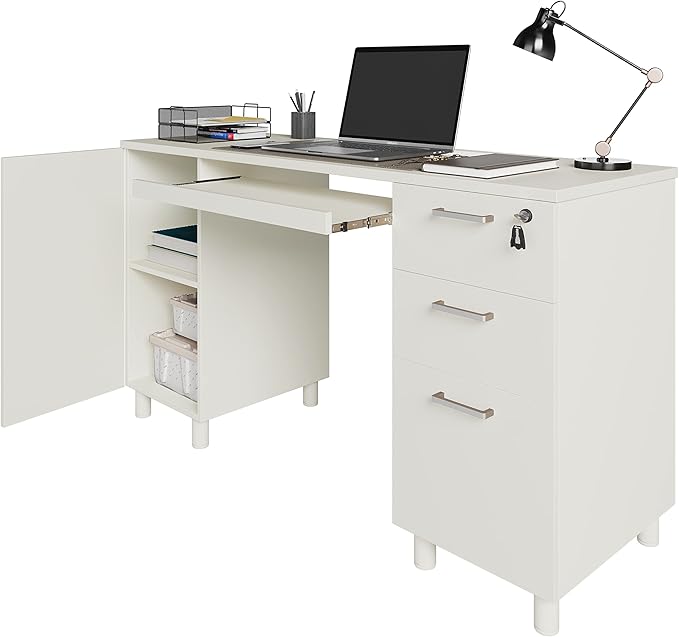 Modern Design Venice Computer Office Desk with 3 Locking Drawers and Storage Cabinet, 53 Inch Home and Office Executive White Desk with Keyboard Tray by Crafts and Comfort
