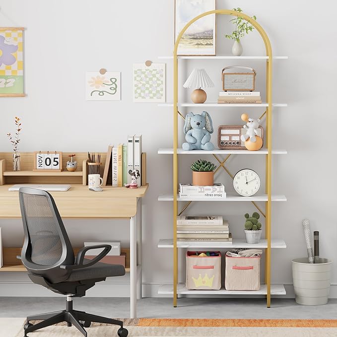 6 Tier Bookshelf, 83" Tall Arched Bookcase, Tall Book Shelf with Metal Frame, Modern Display Standing Shelf for Living Room, Home Office, Bedroom, Gold